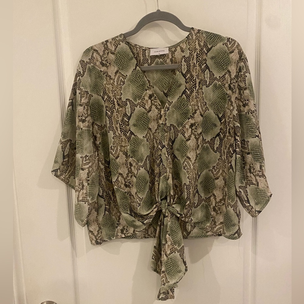 Adrienne green snake print blouse with tie front